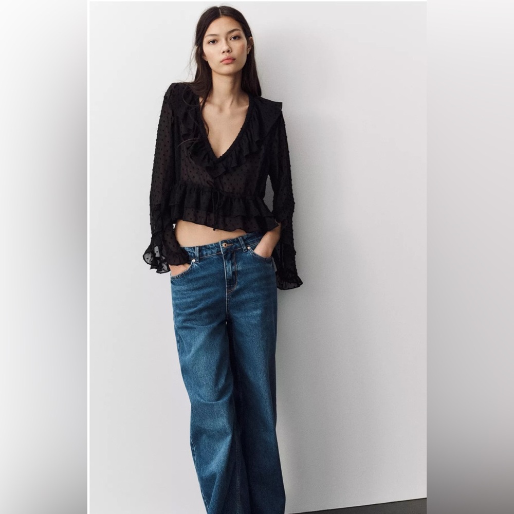 NEW ZARA SWISS DOT RUFFLED BLOUSE